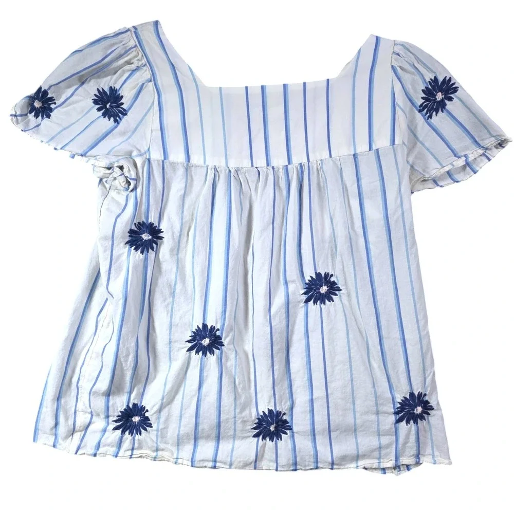 Madewell Womens XS Blue White Striped Floral Embroidered Square Neck Cotton Top